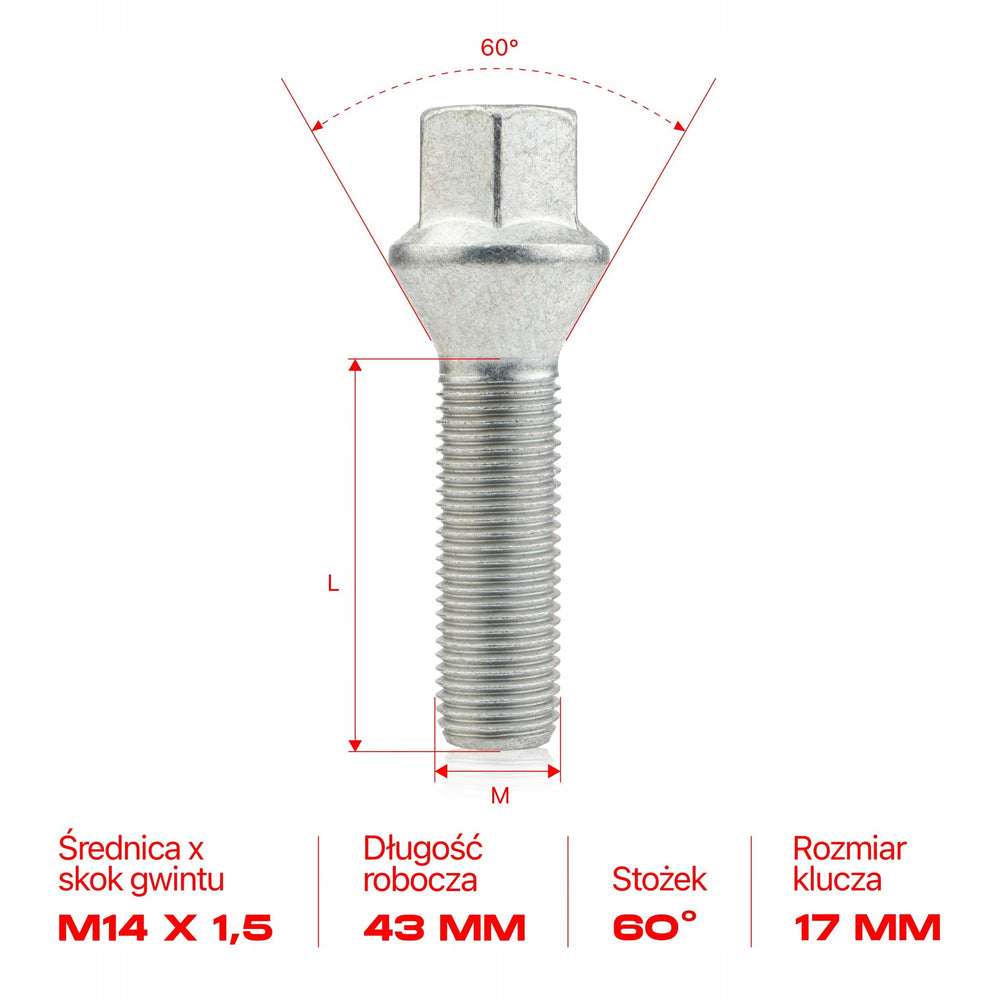 GETMANN - 10 × DŁUGIE ŚRUBY - M14x1.5x43mm Stożek Klucz 17