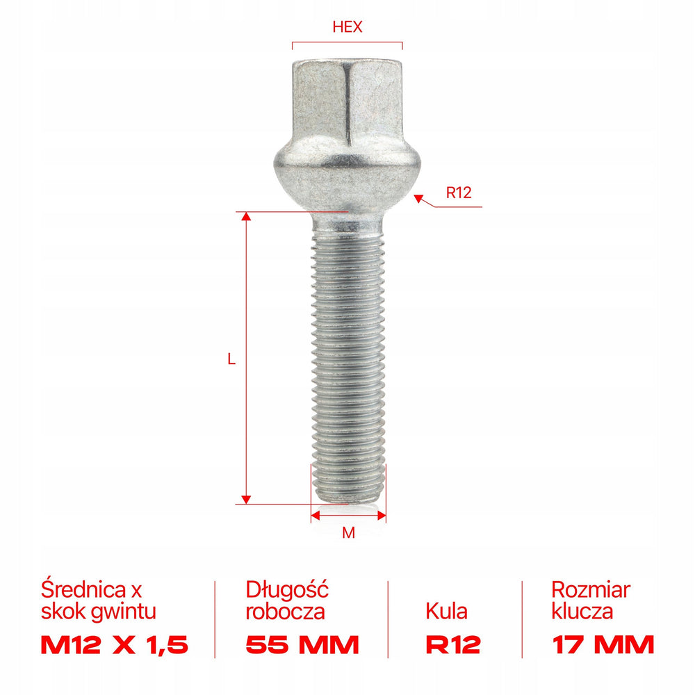 GETMANN - 10 x DŁUGIE ŚRUBY - M12x1.5x55mm Kula R12 Klucz 17