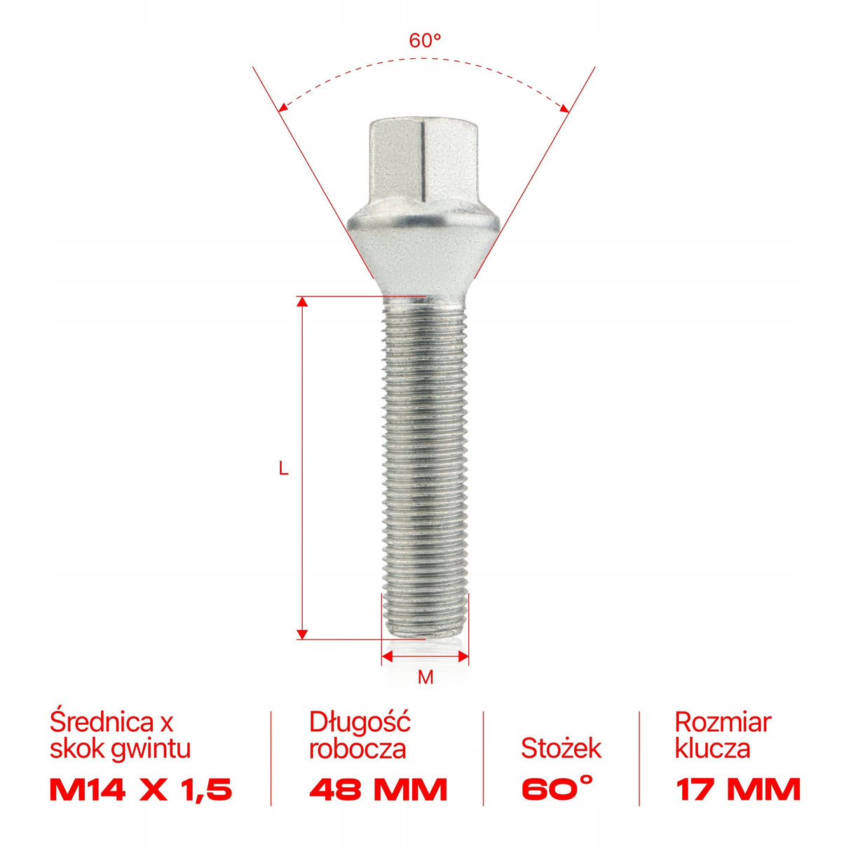 GETMANN - 10 × DŁUGIE ŚRUBY - M12x1.5x33mm Stożek Klucz 17