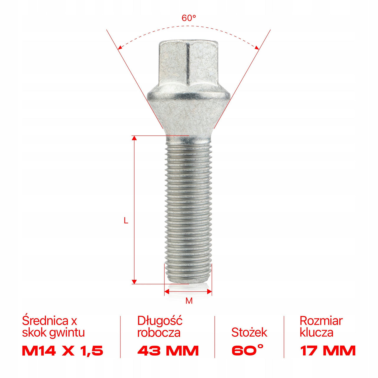 GETMANN - 10 × DŁUGIE ŚRUBY - M14x1.5x43mm Stożek Klucz 17