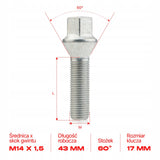GETMANN - 10 × DŁUGIE ŚRUBY - M14x1.5x43mm Stożek Klucz 17