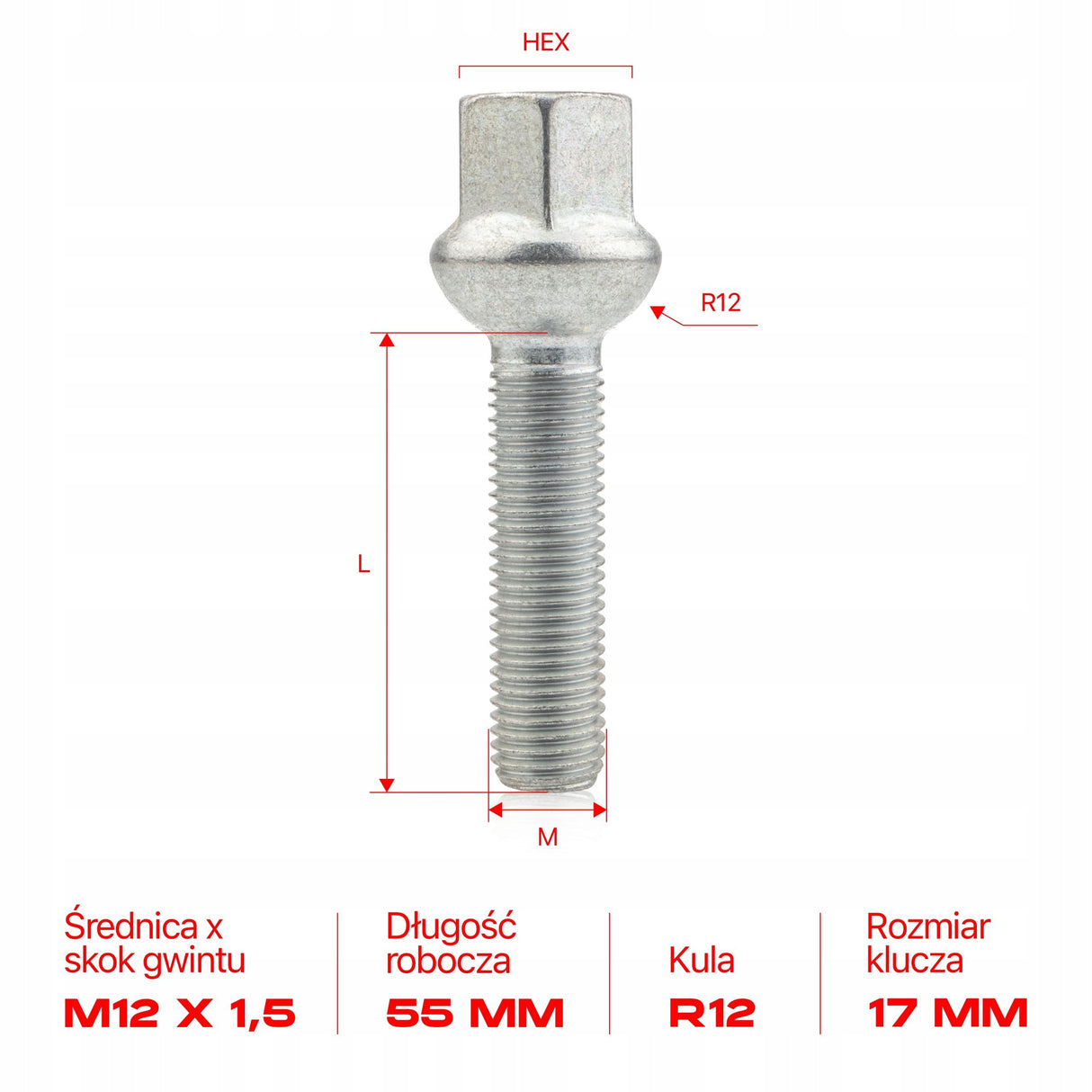 GETMANN - 10 x DŁUGIE ŚRUBY - M12x1.5x55mm Kula R12 Klucz 17