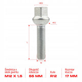 GETMANN - 10 x DŁUGIE ŚRUBY - M12x1.5x55mm Kula R12 Klucz 17